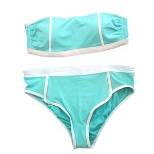 Kona Sol Aqua Teal White Contrast Bandeau High Waisted Bikini Set Plus Size 1X
